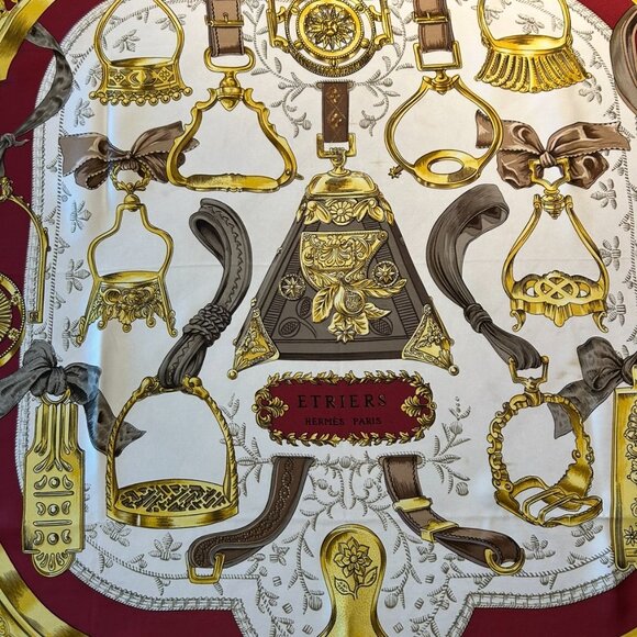 Vintage Hermes Etriers Silk Scarf Crimson and Gold by Françoise de la Perriere - Picture 5 of 15